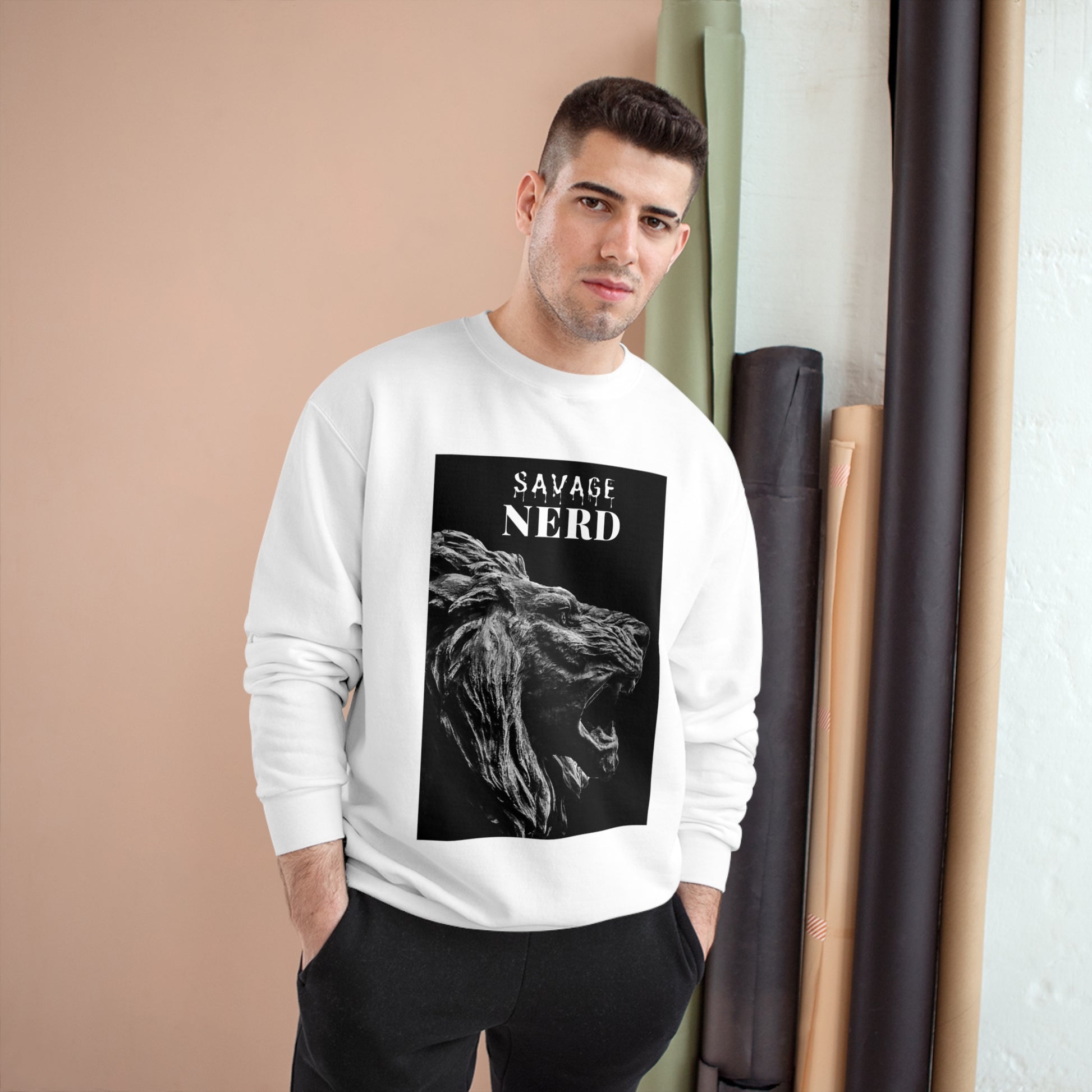 Savage Nerd  Champion Sweatshirt (White) - The Nerd Brands